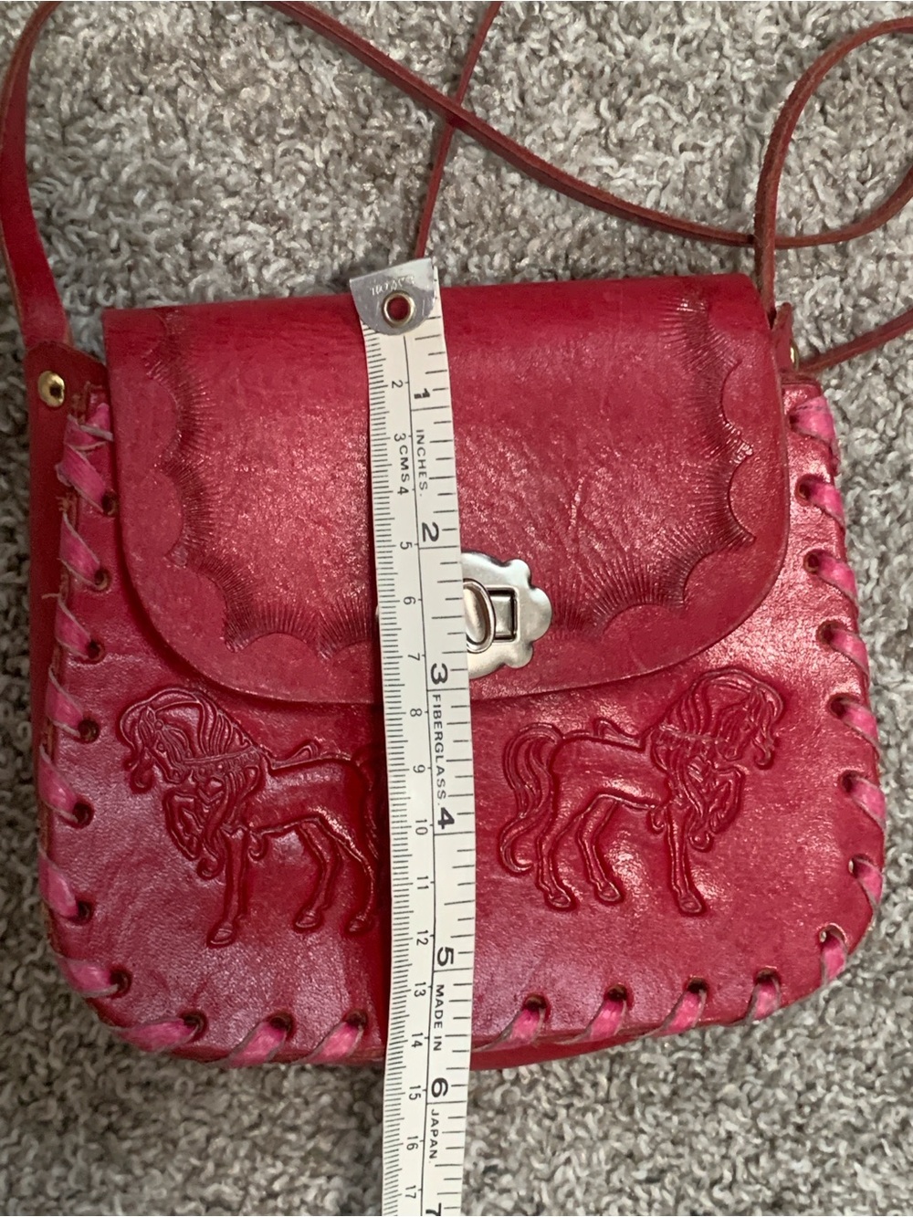 Y2K Red Leather Mini Crossbody Bag with Embossed Horse Details - Picture 5 of 7
